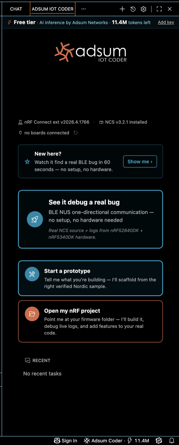 First run with no project open — Start a prototype or Open my nRF project
