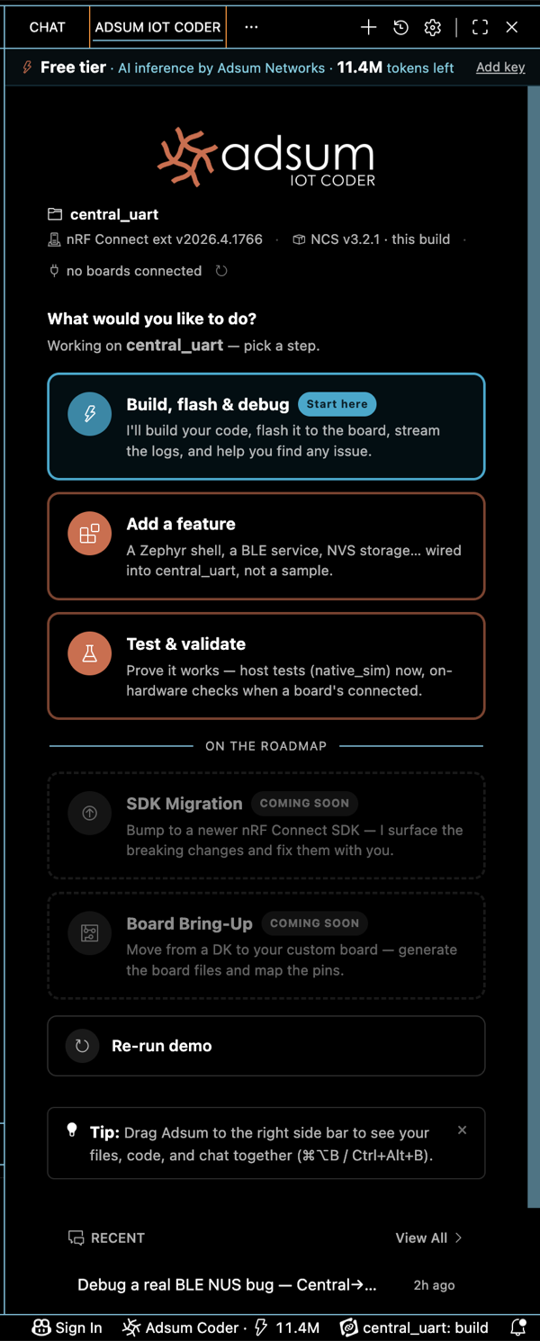 With an nRF project open — Build/flash & debug, Add a feature, Test & validate workflow cards